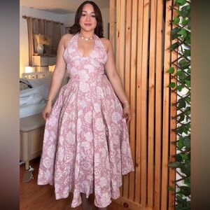 SHEIN Pink Floral One-Shoulder Lace Midi Dress